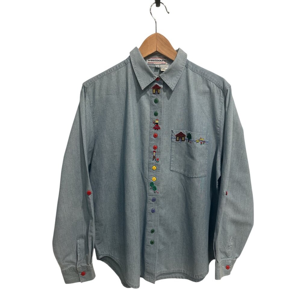 Vintage 1990s Westbound Petites Chambray Embroidered Button Down Shirt M - Picture 2 of 9
